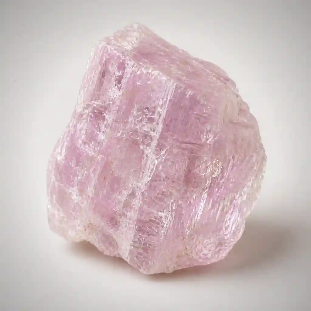 Raw kunzite crystal specimen showing delicate pink-lavender spodumene color and natural mineral texture