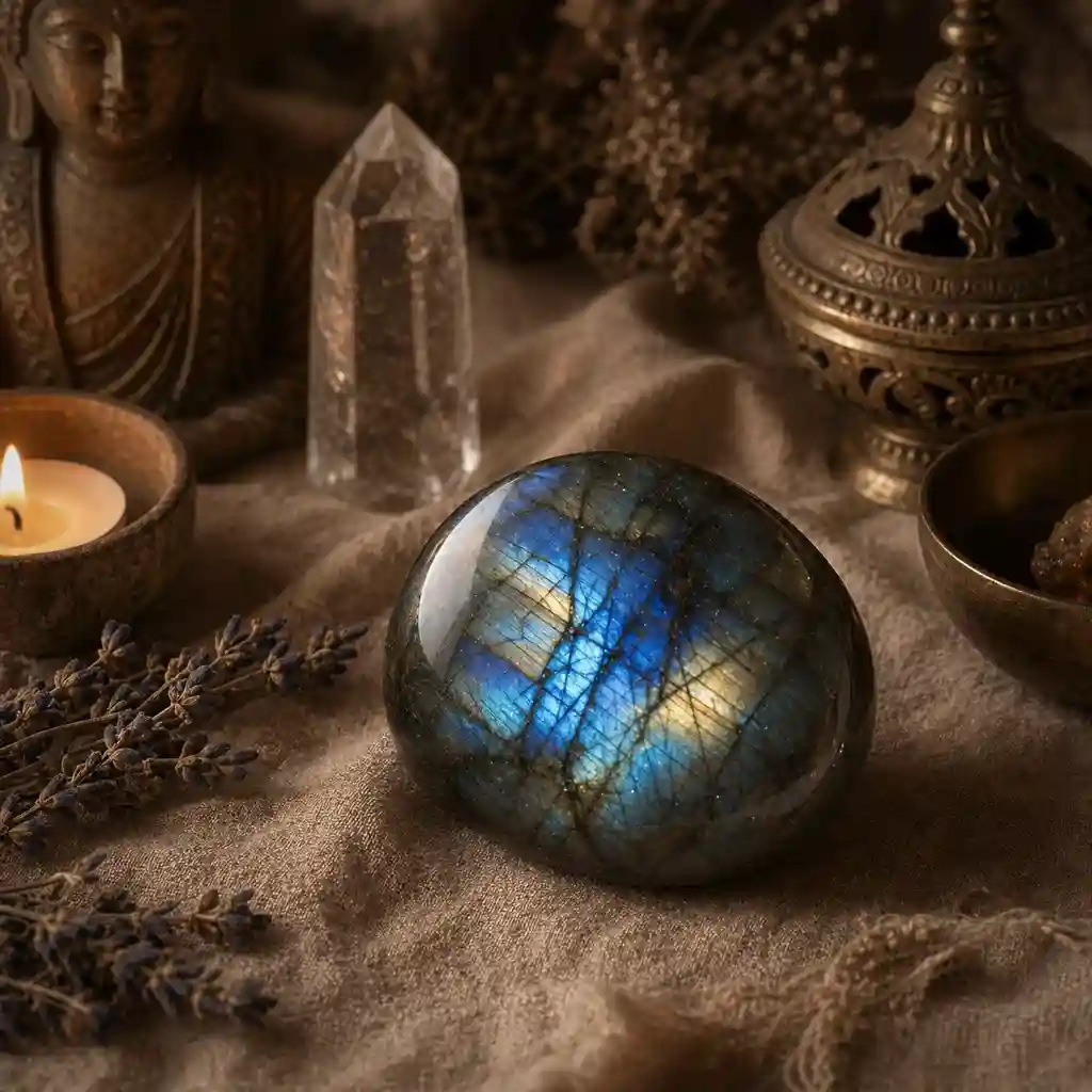 Labradorite crystal in a healing ritual scene with candlelight, linen textures, and mystical transformative spiritual ambience