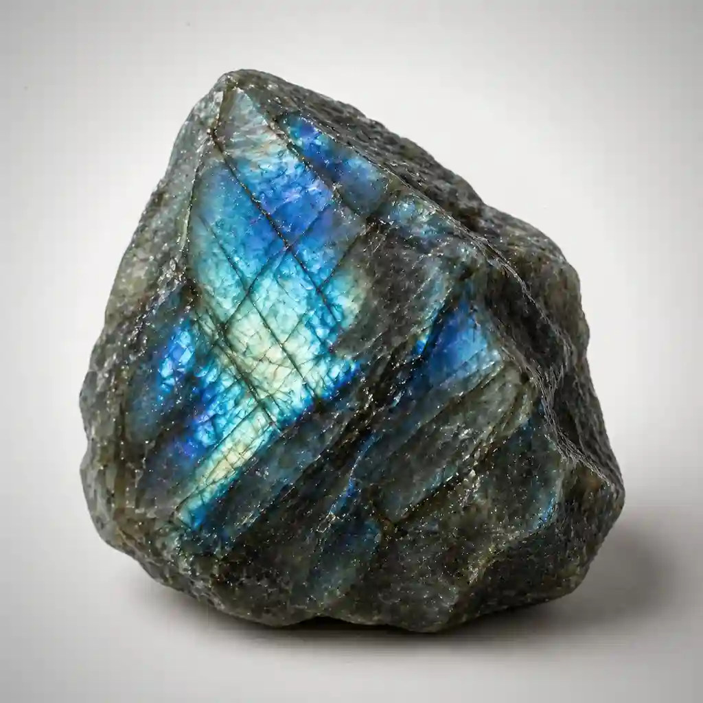 Raw labradorite crystal specimen showing grey feldspar with vivid blue-green labradorescent flash and natural texture