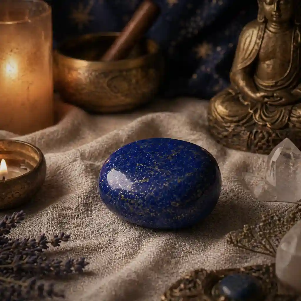 Lapis lazuli crystal in a healing ritual scene with candlelight, linen textures, and wise celestial spiritual ambience