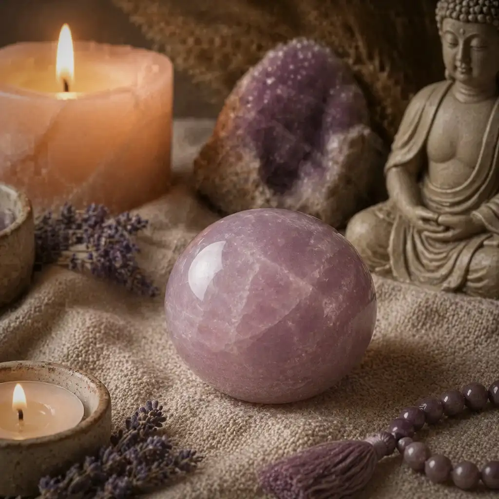 Lepidolite crystal in a healing ritual scene with candlelight, linen textures, and peaceful emotional healing ambience