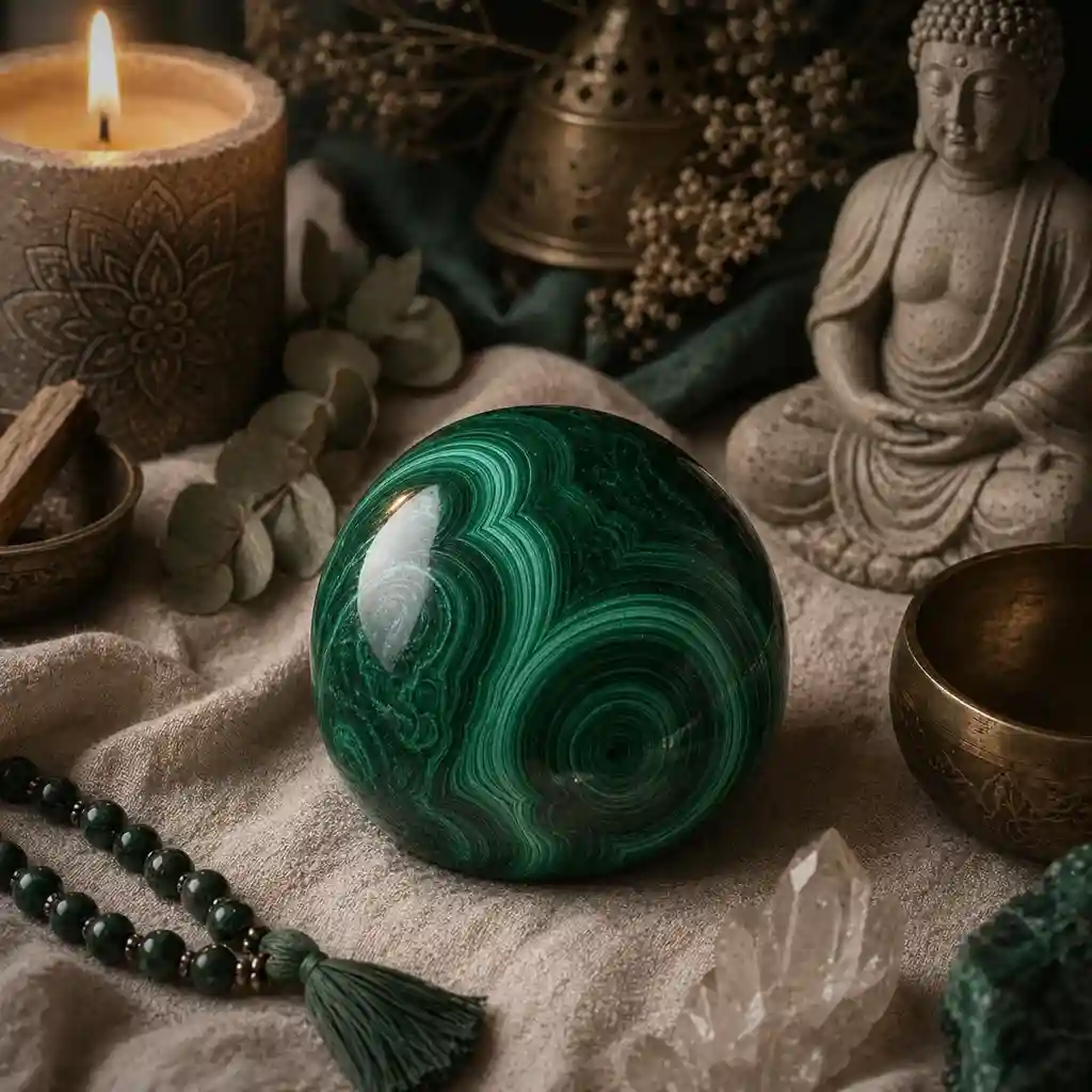 Malachite crystal in a healing ritual scene with candlelight, linen textures, and transformative spiritual ambience