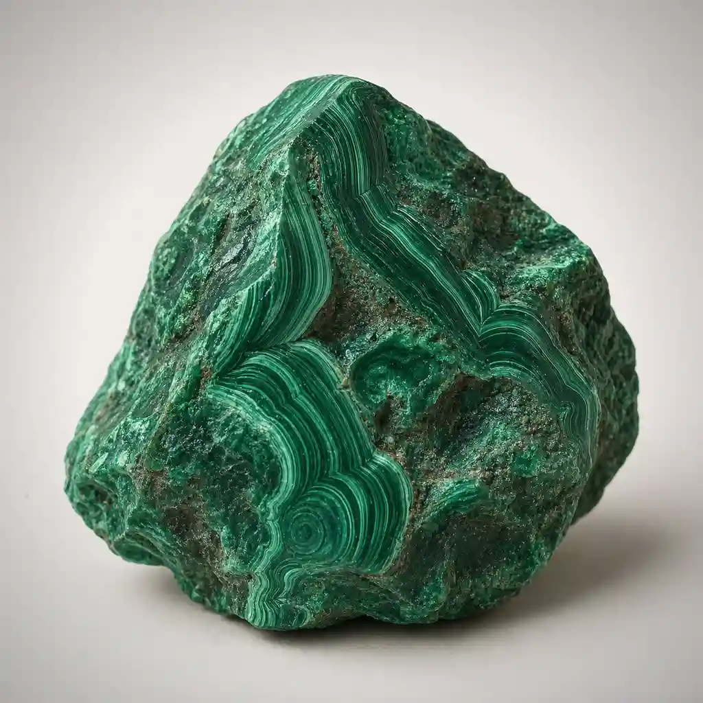 Raw malachite crystal specimen showing rich green banding, natural copper mineral texture, and layered patterns