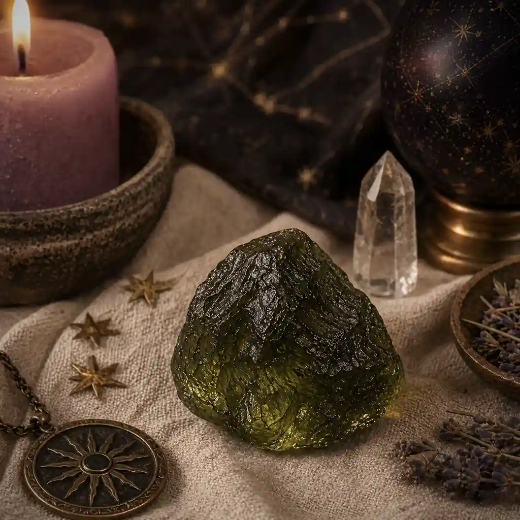 Moldavite crystal in a healing ritual scene with candlelight, linen textures, and intense cosmic spiritual ambience