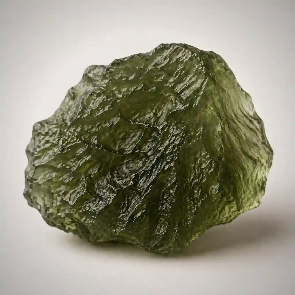 Raw moldavite crystal specimen showing translucent olive-green tektite glass and sculpted natural surface texture