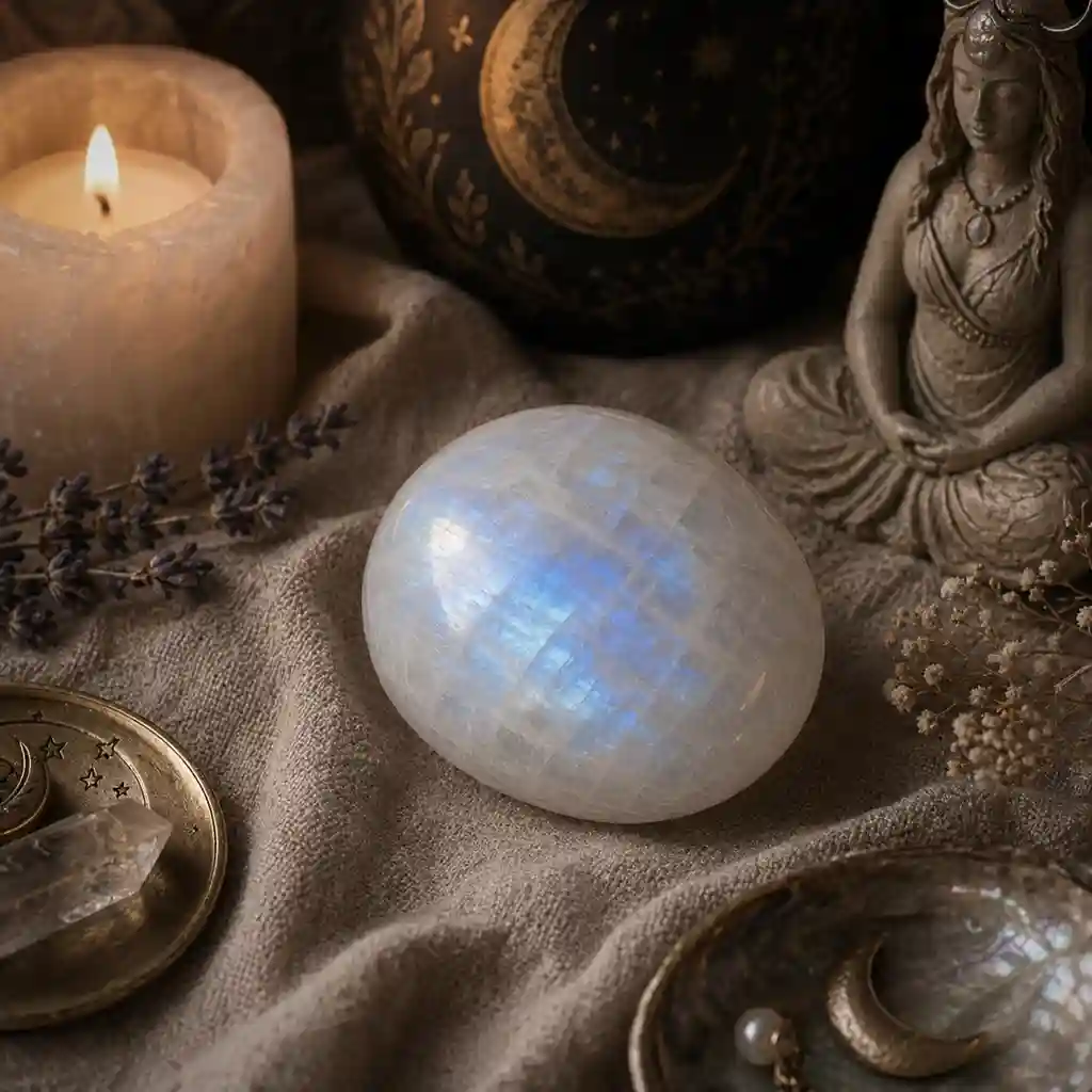 Moonstone crystal in a healing ritual scene with candlelight, linen textures, and luminous lunar spiritual ambience