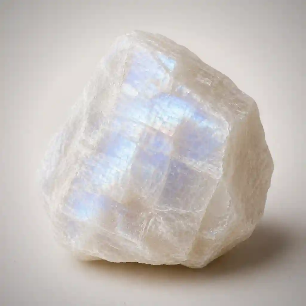 Raw moonstone crystal specimen showing milky white feldspar with soft adularescent glow and natural texture