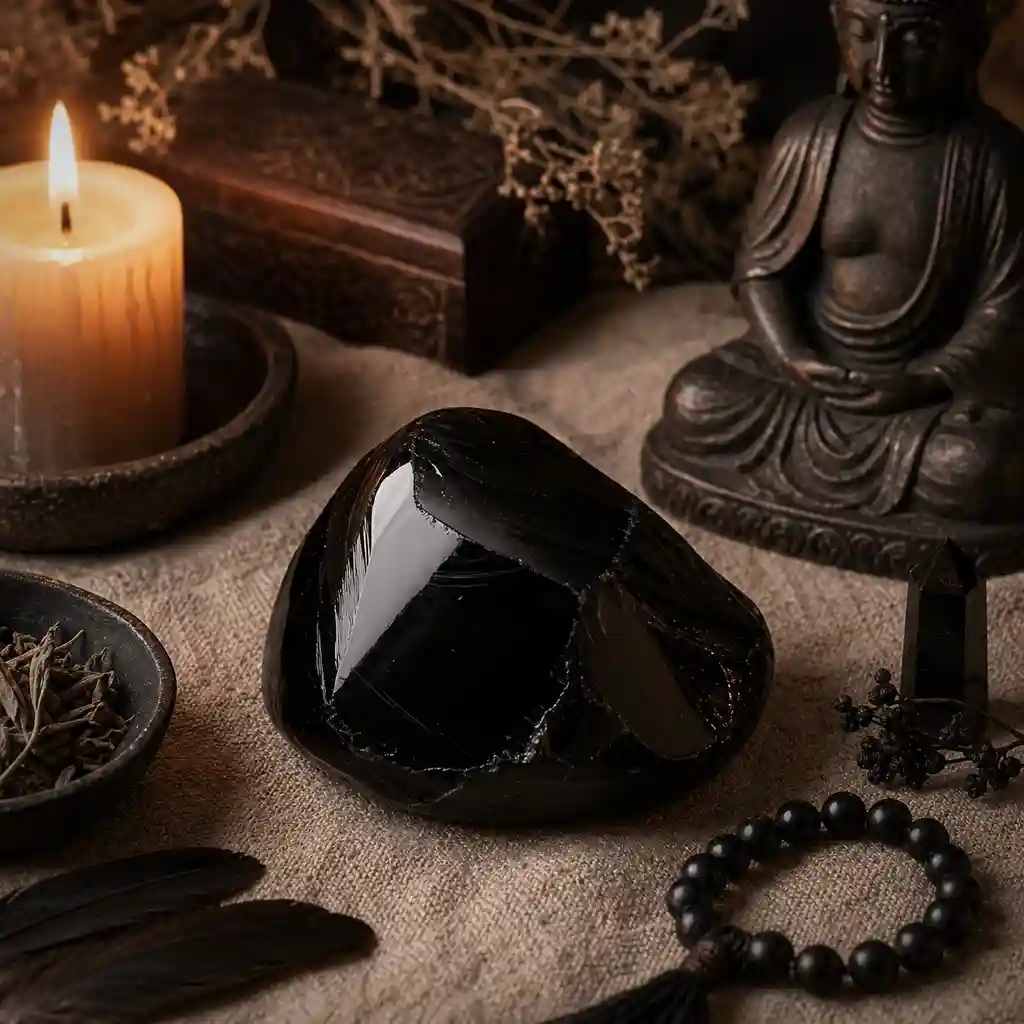 Obsidian crystal in a healing ritual scene with candlelight, linen textures, and deep protective spiritual ambience