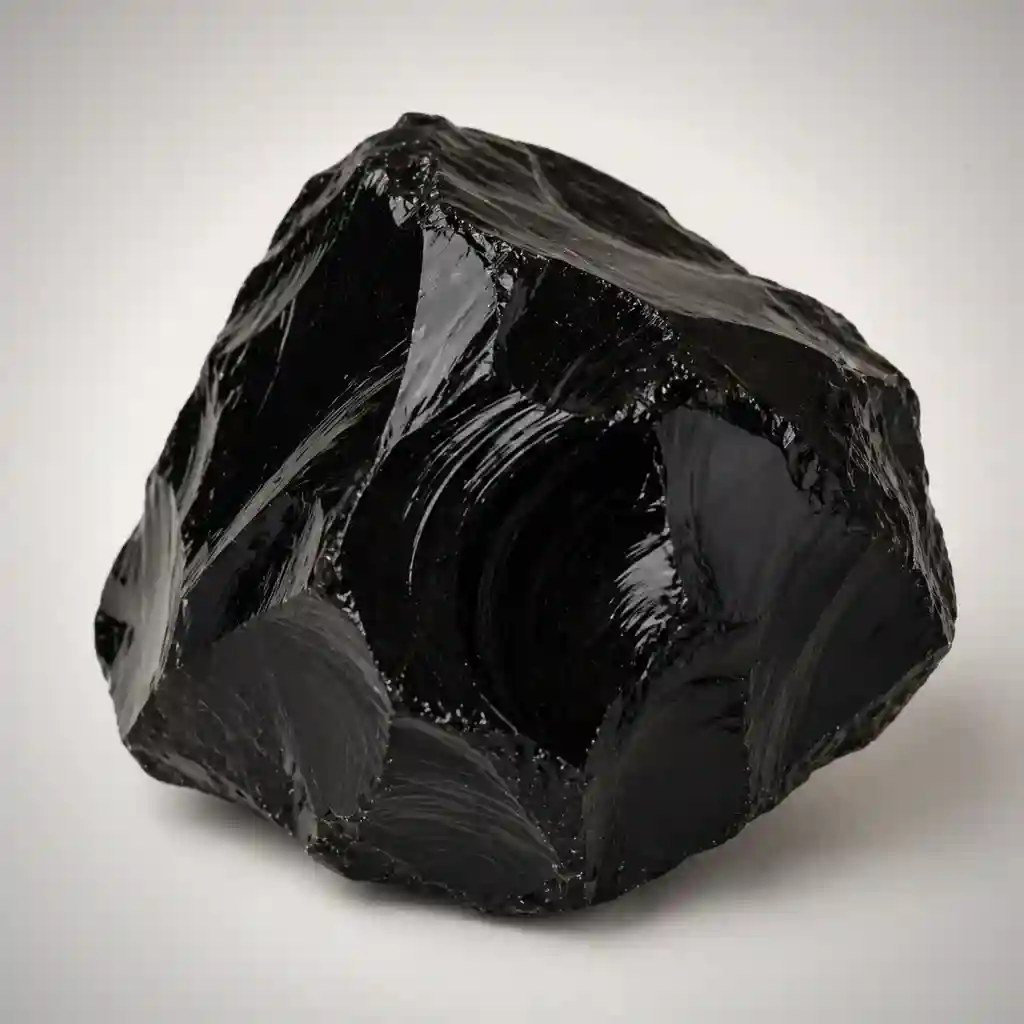 Raw obsidian crystal specimen showing glossy black volcanic glass and rugged natural fracture surfaces