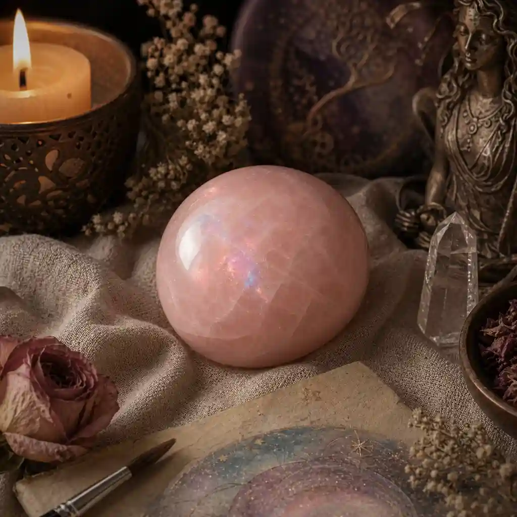 Opal crystal in a healing ritual scene with candlelight, linen textures, and luminous cosmic spiritual ambience