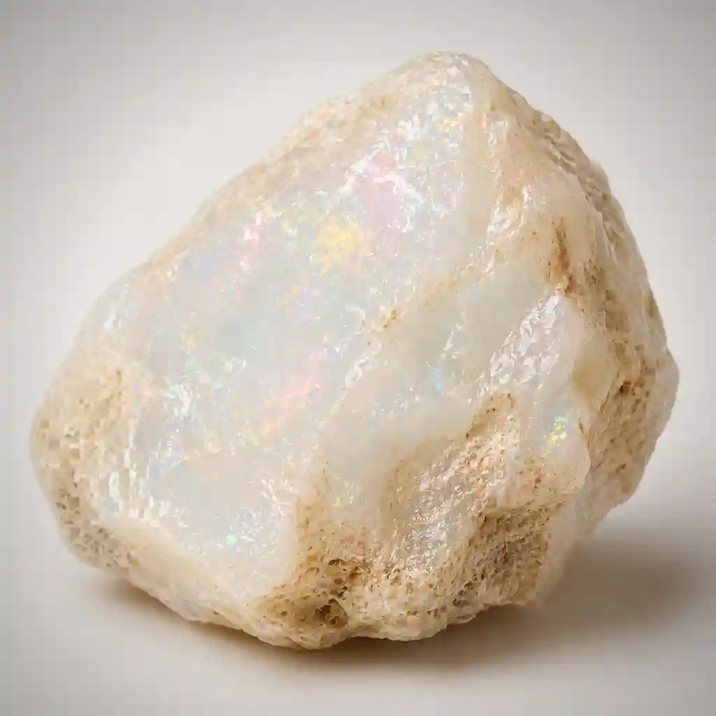 Raw opal crystal specimen showing milky body color with natural iridescent play-of-color and organic texture