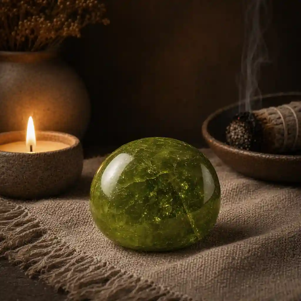 Peridot crystal in a healing ritual scene with candlelight, linen textures, and bright heart-centered spiritual ambience
