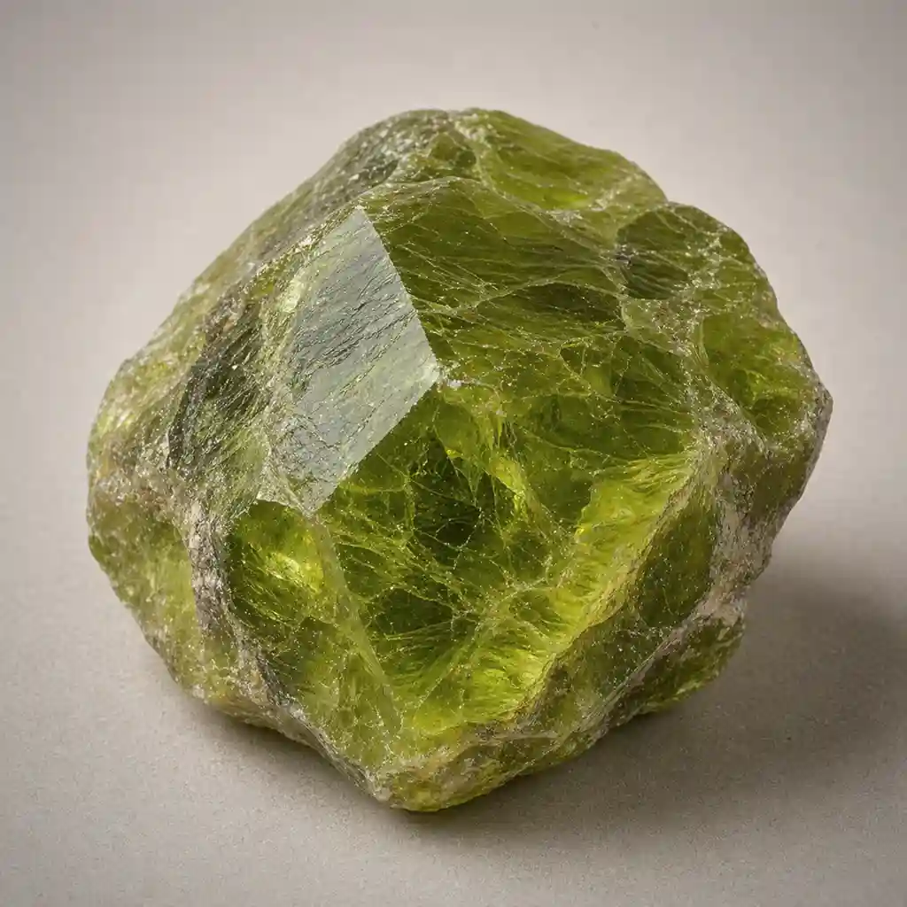 Raw peridot crystal specimen showing yellow-green olivine, natural crystal faces, and translucent glow