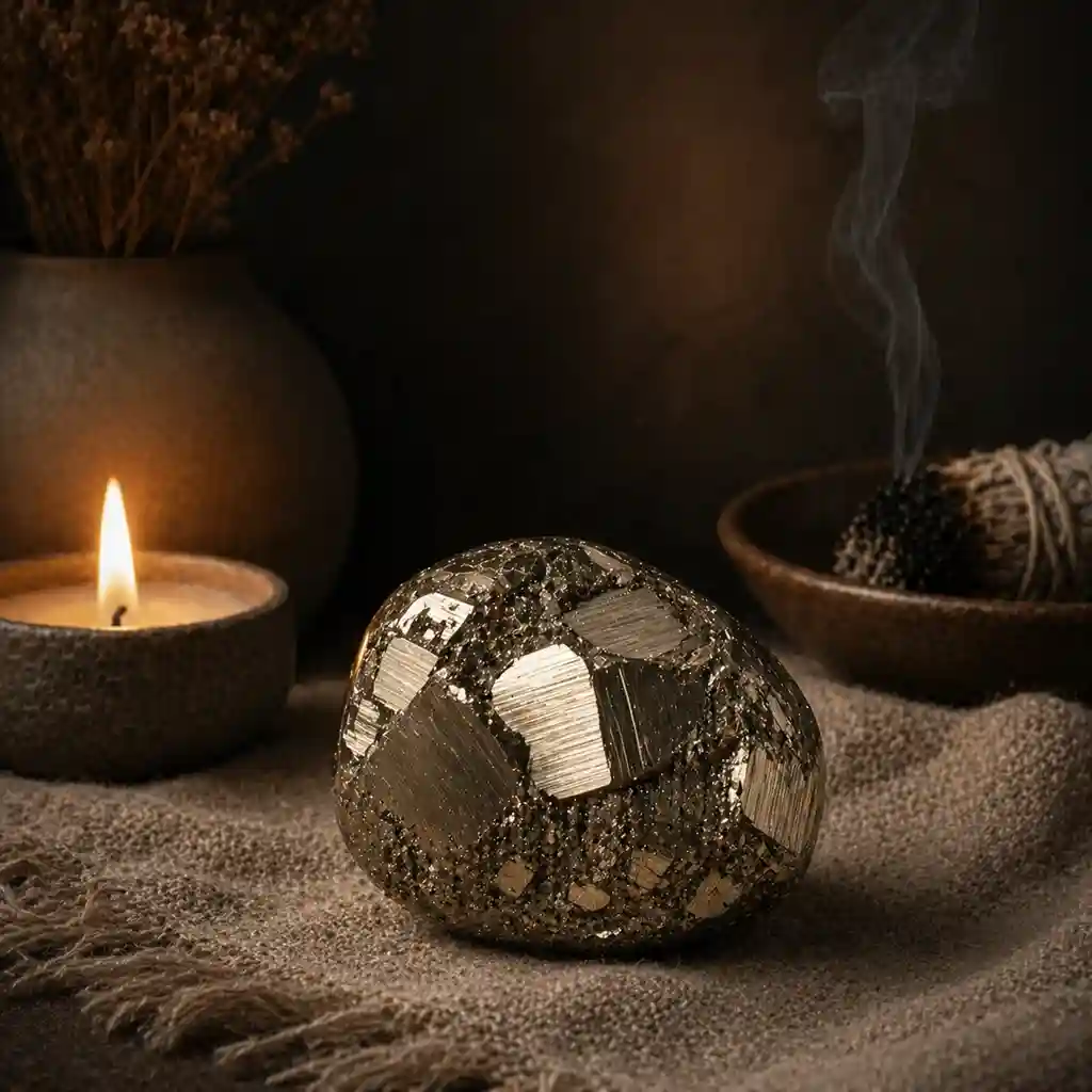 Pyrite crystal in a healing ritual scene with candlelight, linen textures, and bold prosperous spiritual ambience