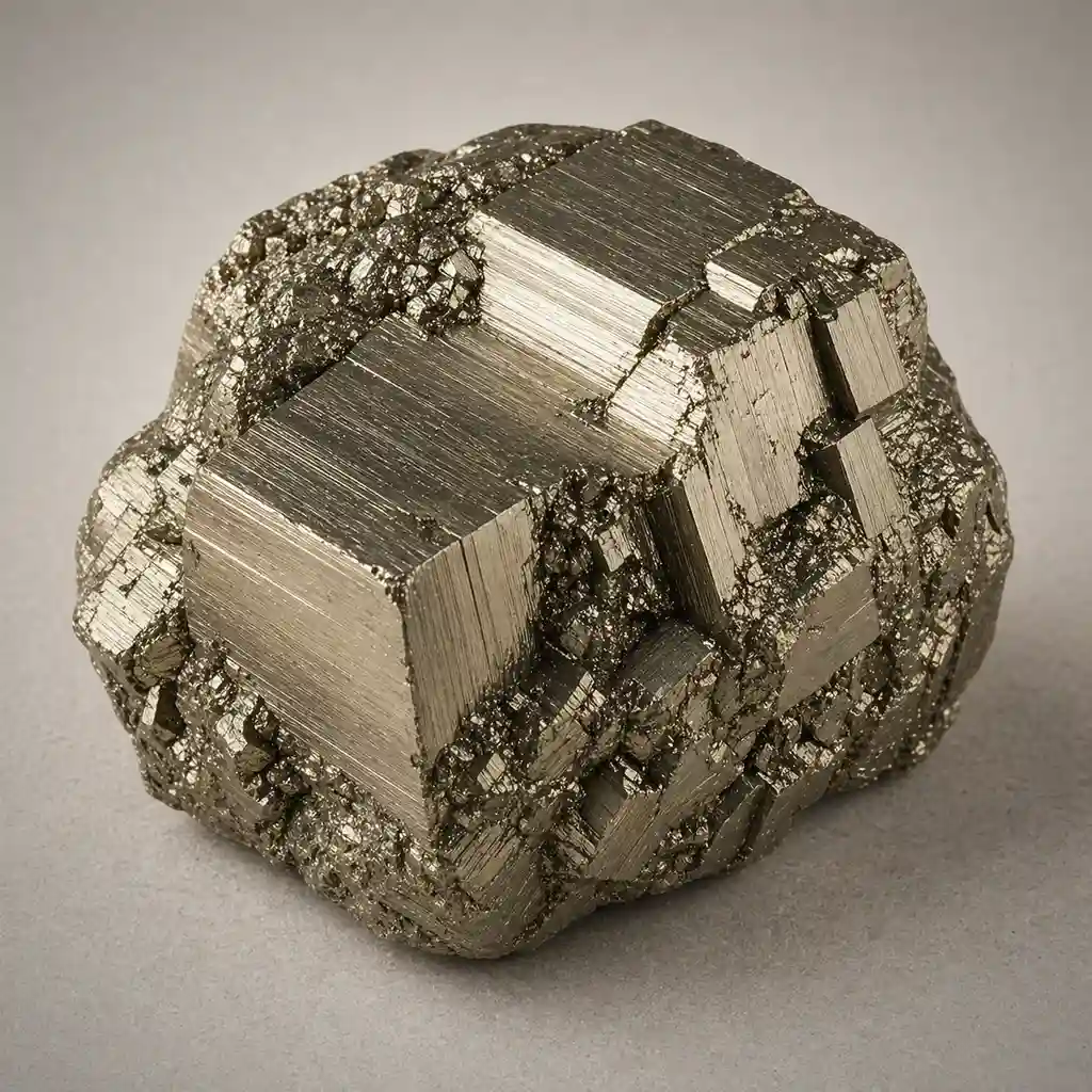 Raw pyrite crystal specimen showing brassy gold metallic surfaces, cubic crystal faces, and rugged mineral texture