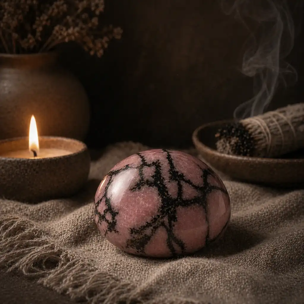 Rhodonite crystal in a healing ritual scene with candlelight, linen textures, and compassionate spiritual ambience