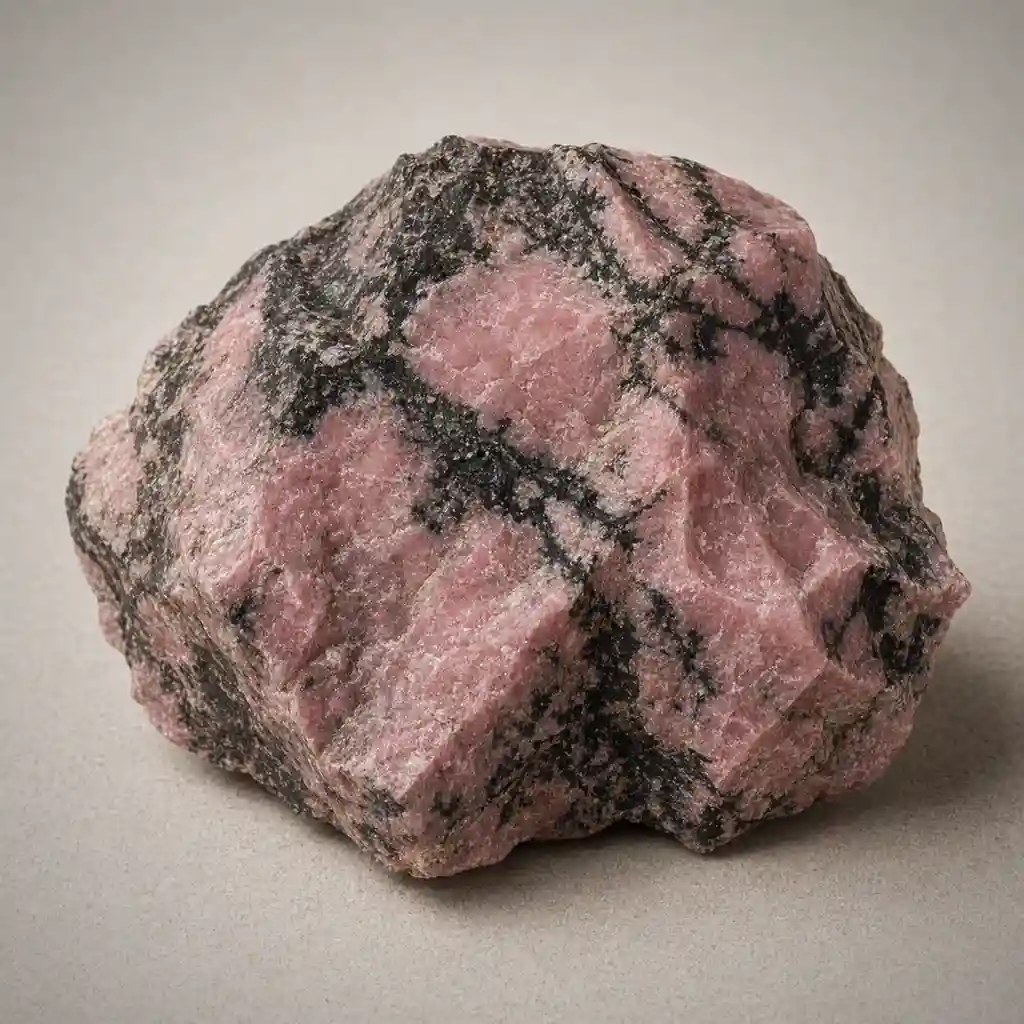 Raw rhodonite crystal specimen showing rose-pink stone with natural black manganese veining and rugged texture