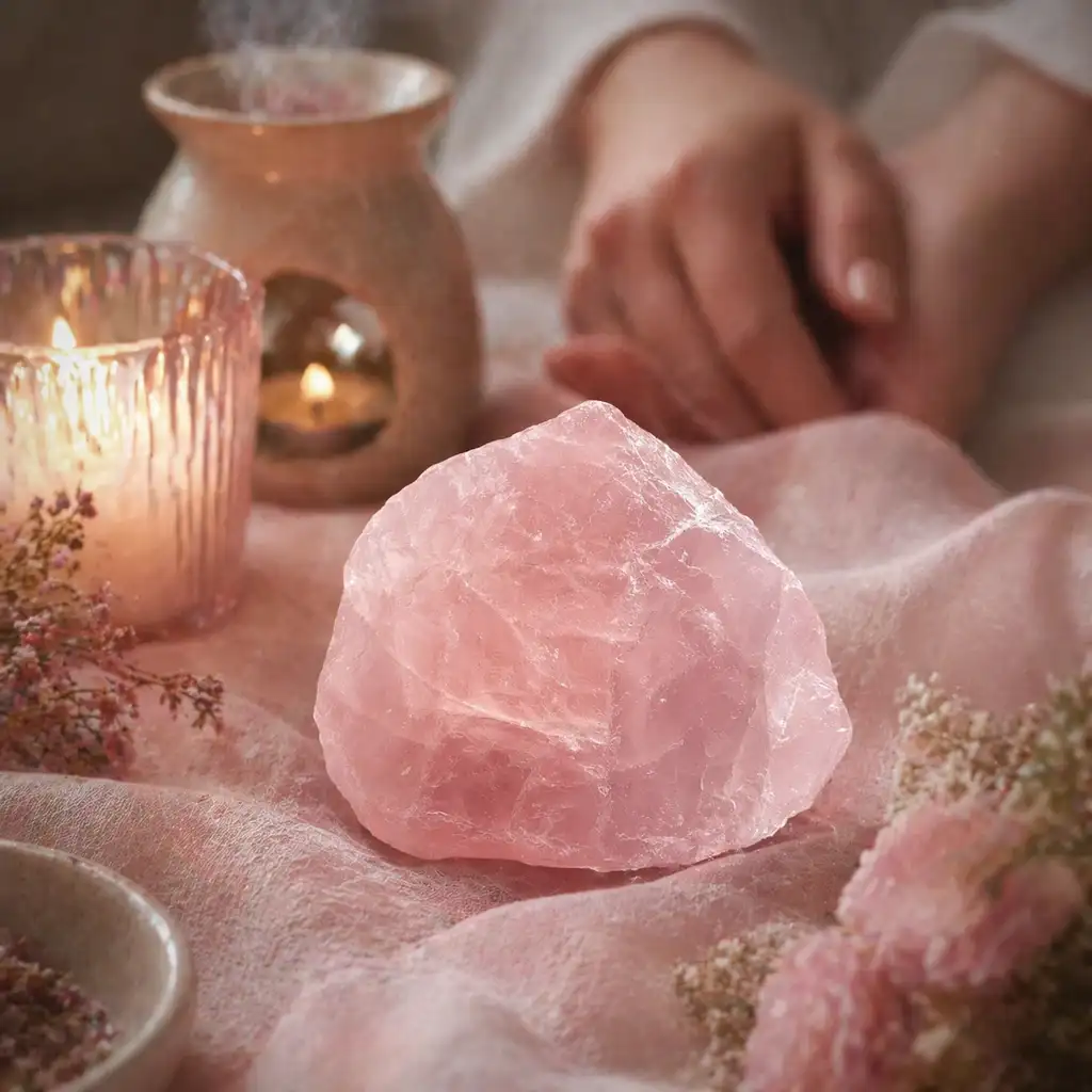 Rose quartz crystal in a calming healing ritual scene with candlelight, linen textures, and a serene spiritual mood