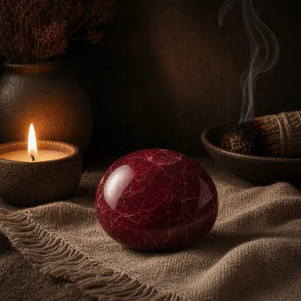 Ruby crystal in a healing ritual scene with candlelight, linen textures, and passionate heart-root spiritual ambience