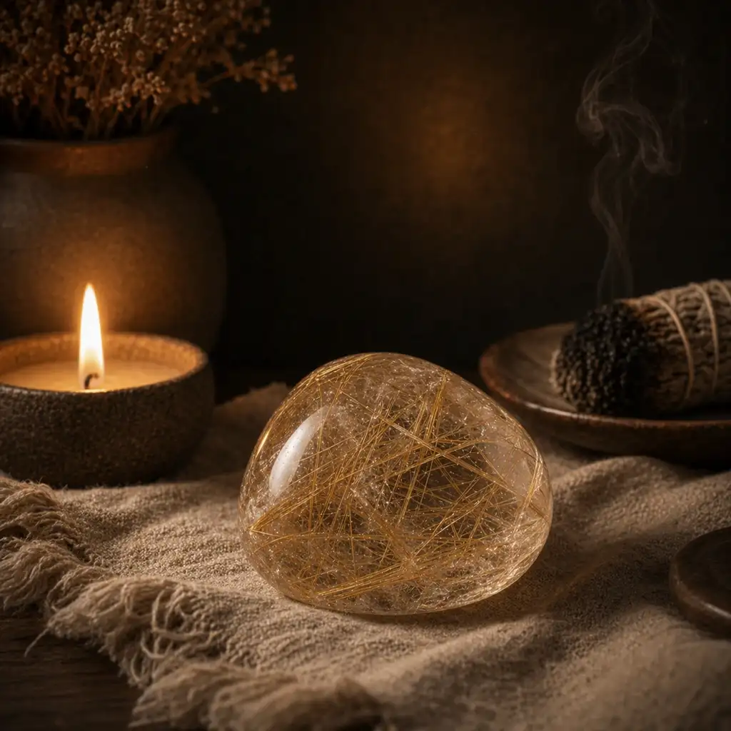 Rutilated quartz crystal in a healing ritual scene with candlelight, linen textures, and illuminating spiritual ambience