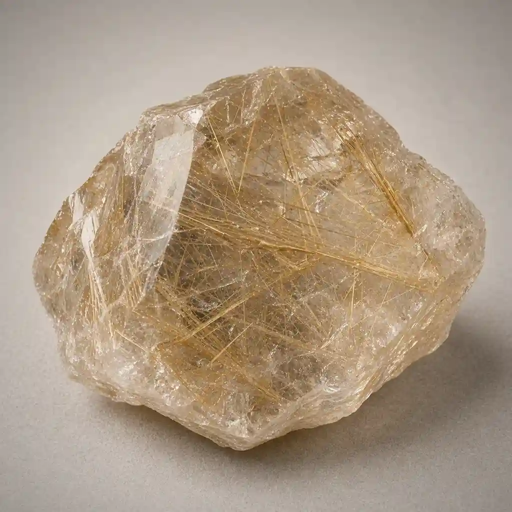 Raw rutilated quartz crystal specimen showing clear quartz with visible golden rutile inclusions and natural crystal texture