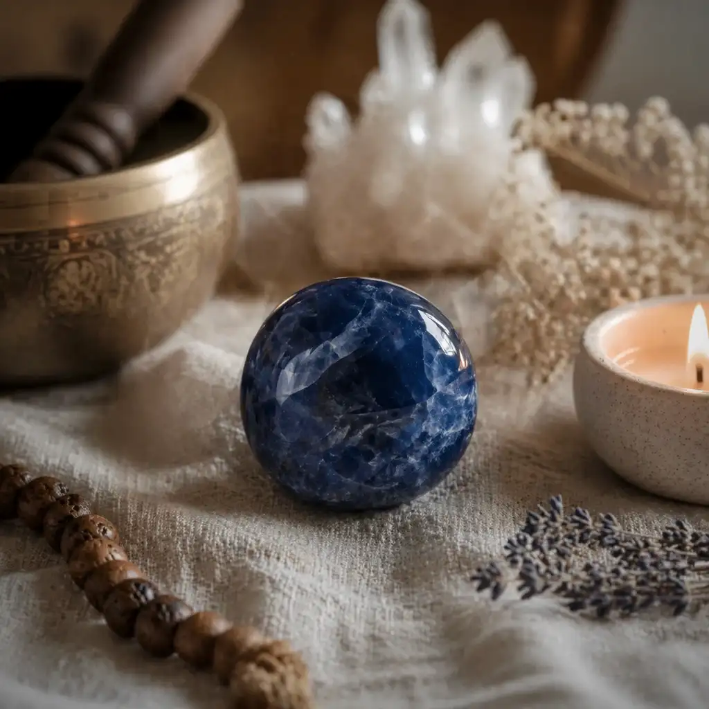 Sapphire crystal in a healing meditation scene with candlelight and serene spiritual ambience