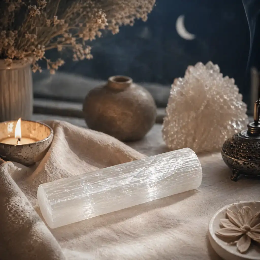 Selenite crystal in a healing meditation scene with candlelight and ethereal moonlit ambience