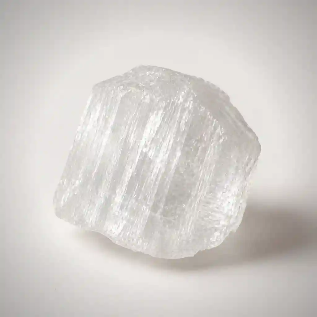 Raw selenite crystal specimen showing translucent white gypsum striations and moonlike glow
