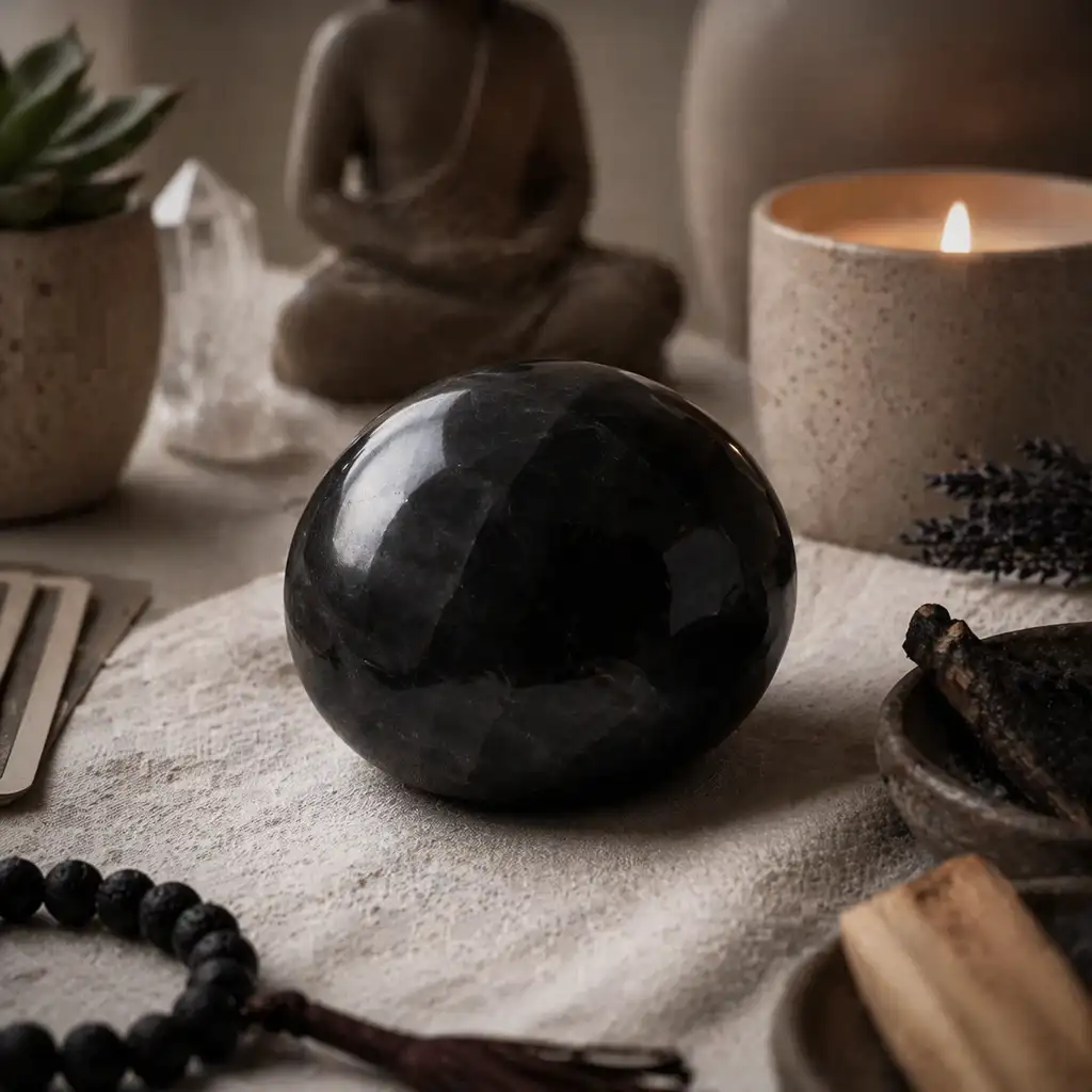 Shungite crystal in a healing meditation scene with candlelight and protective grounding ambience