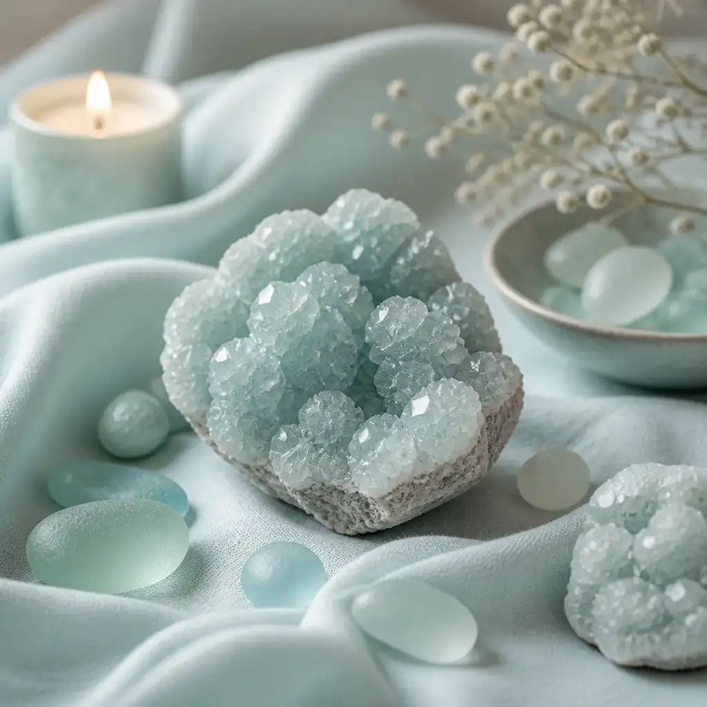 Smithsonite crystal in a spiritual healing meditation scene with candles and calm serene atmosphere