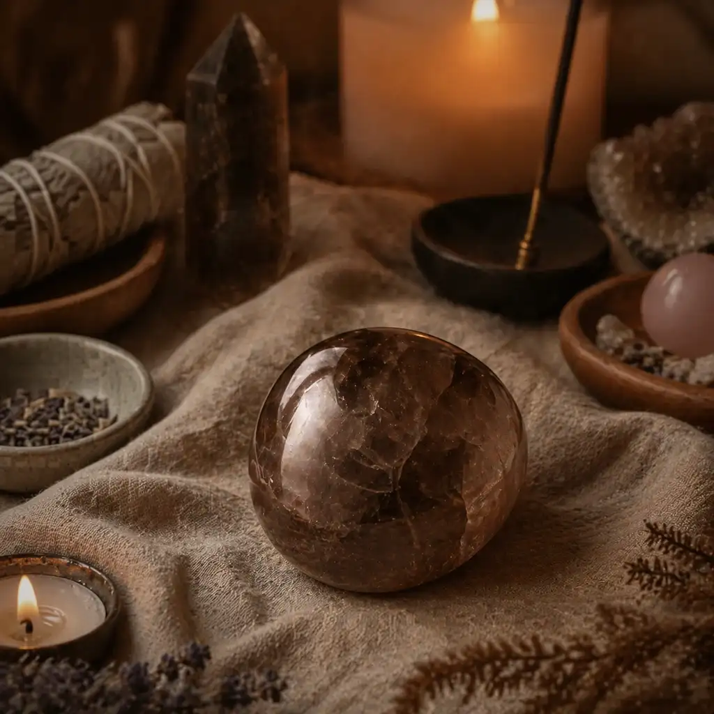 Smoky quartz crystal in a healing meditation scene with candlelight and serene earthy ambience