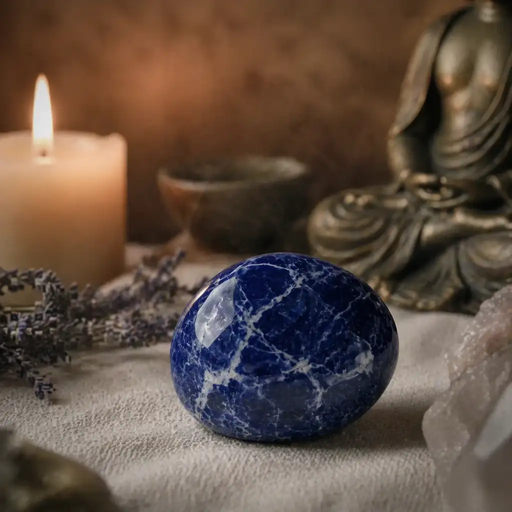 Sodalite crystal in a healing meditation scene with candlelight and calm intuitive ambience