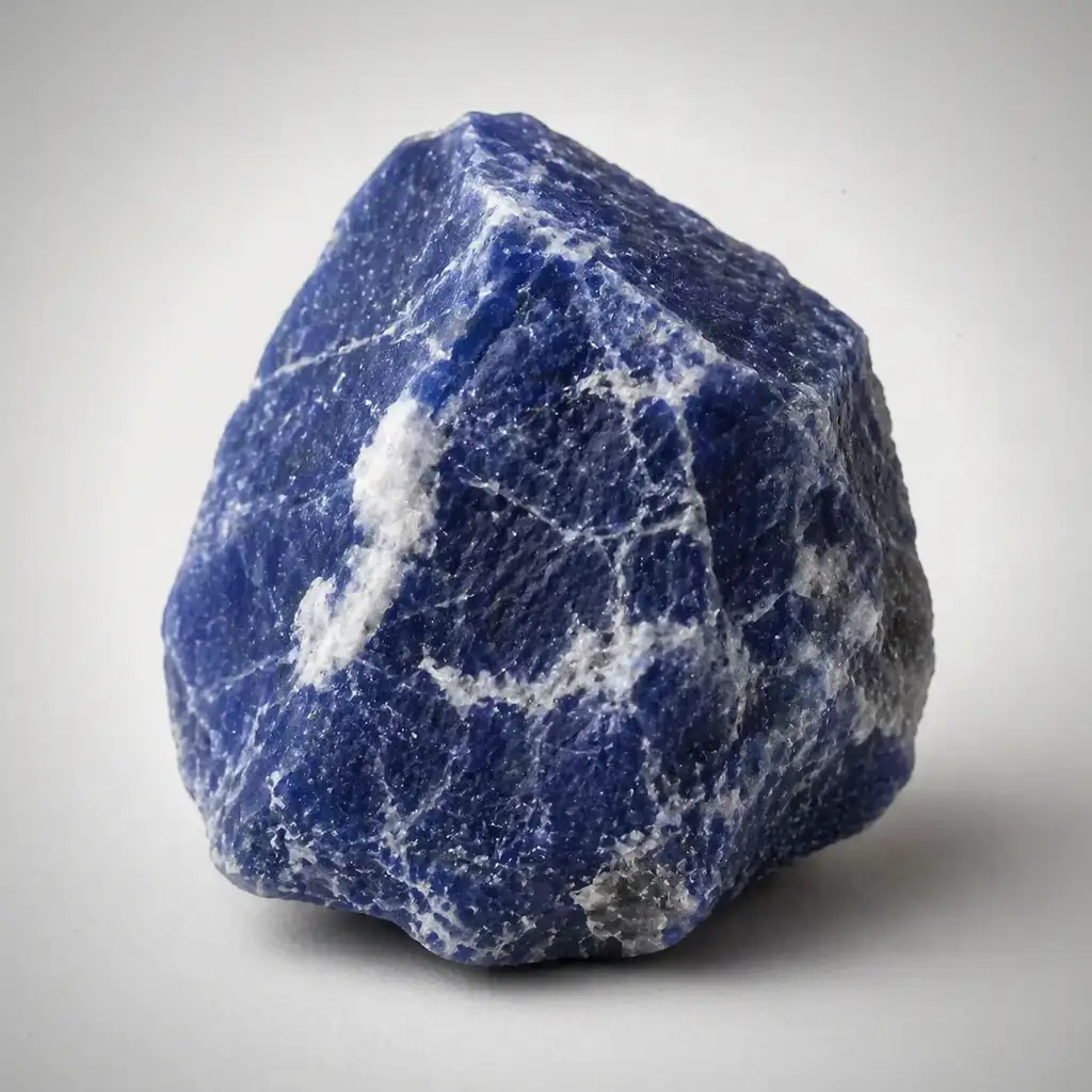 Raw sodalite crystal specimen showing deep blue color, white calcite veining, and natural mineral texture