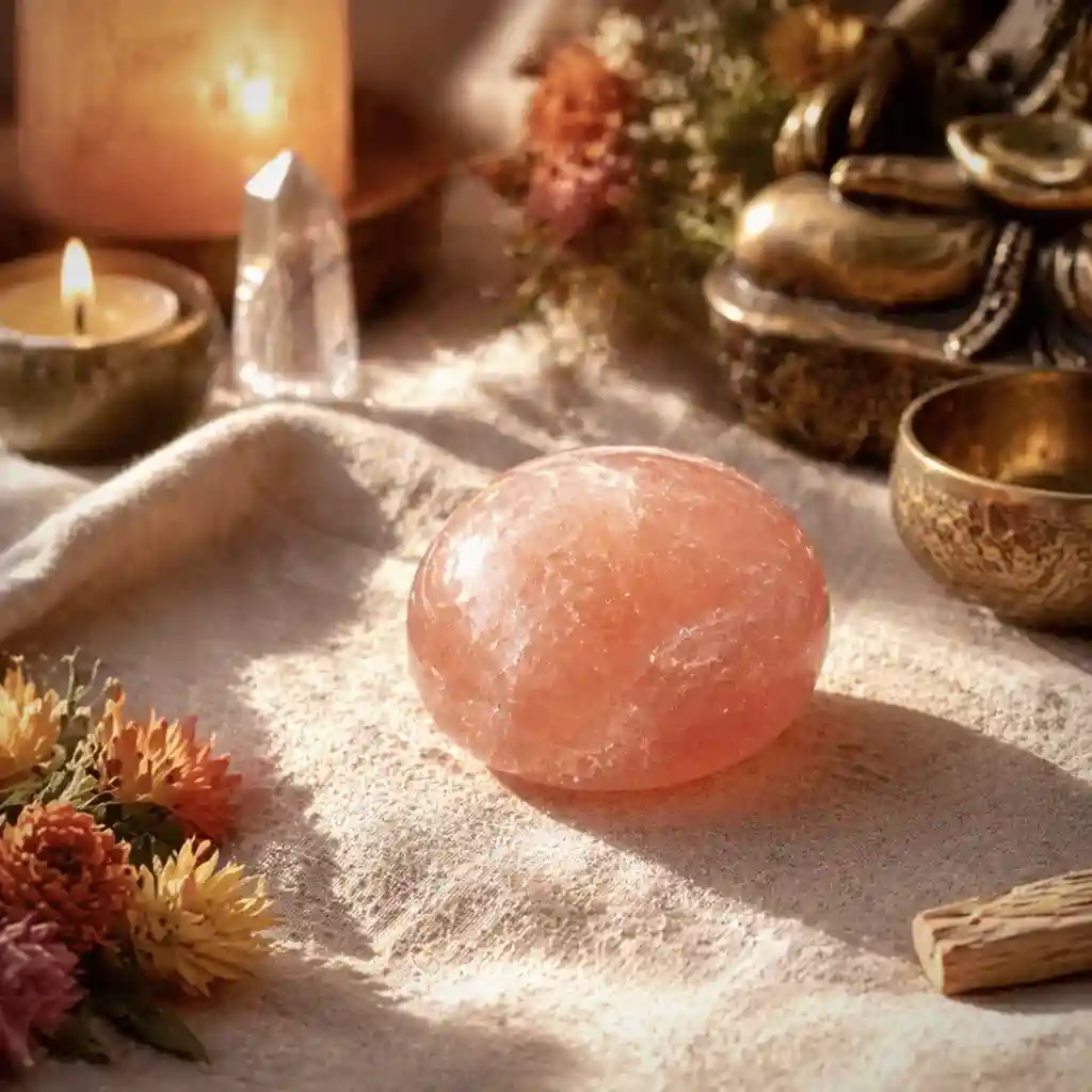 Sunstone crystal in a healing meditation scene with candlelight and radiant joyful ambience