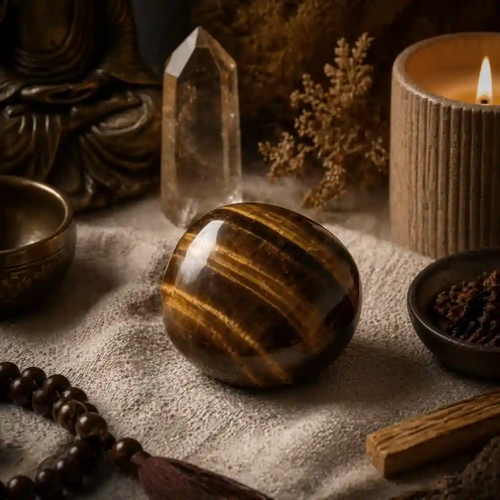 Tiger's Eye crystal in a healing meditation scene with candlelight and confident grounding ambience
