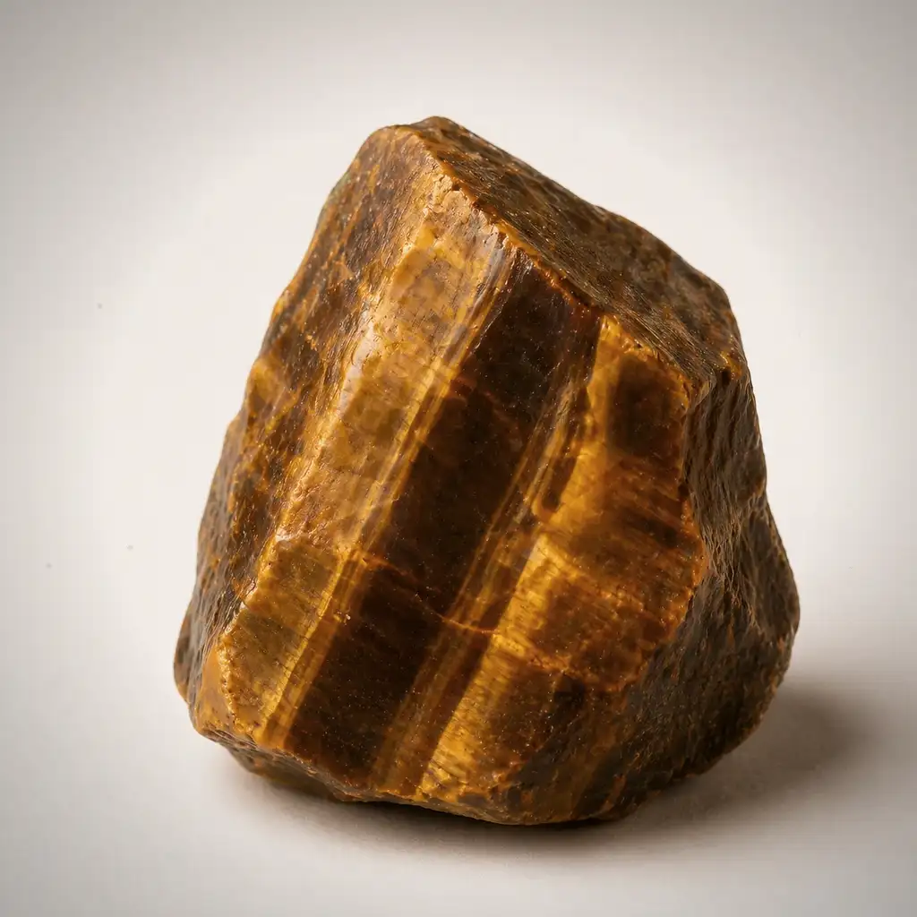 Raw Tiger's Eye crystal specimen showing golden-brown chatoyant banding and natural fibrous texture