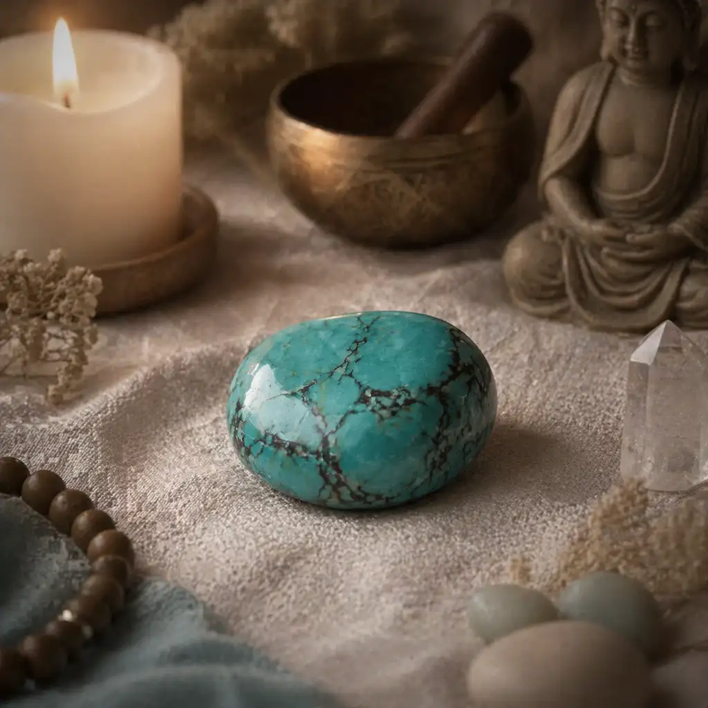 Turquoise crystal in a healing meditation scene with candlelight and serene sky-and-earth ambience