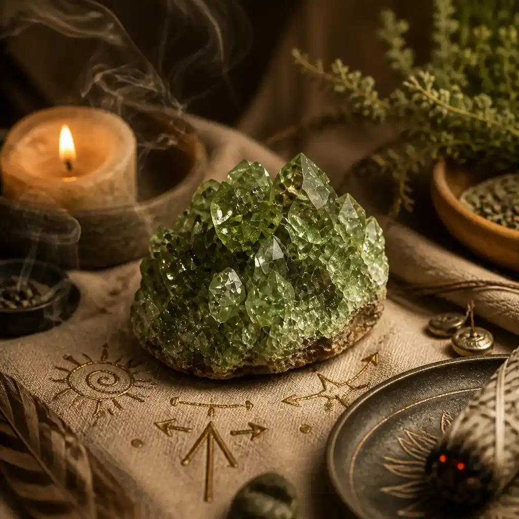 Vesuvianite crystal in a spiritual healing meditation scene with candles and calm serene atmosphere