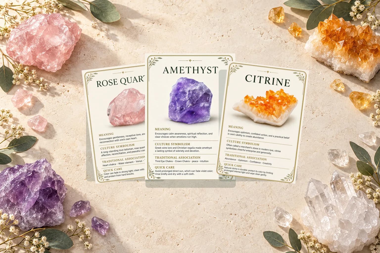 A curated arrangement representing a collection of 300 crystal meaning cards