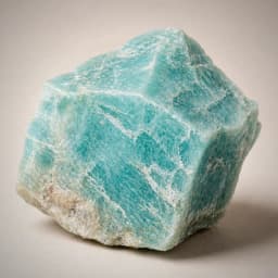 Raw amazonite crystal specimen showing natural blue-green feldspar tones, soft white streaking, and mineral texture