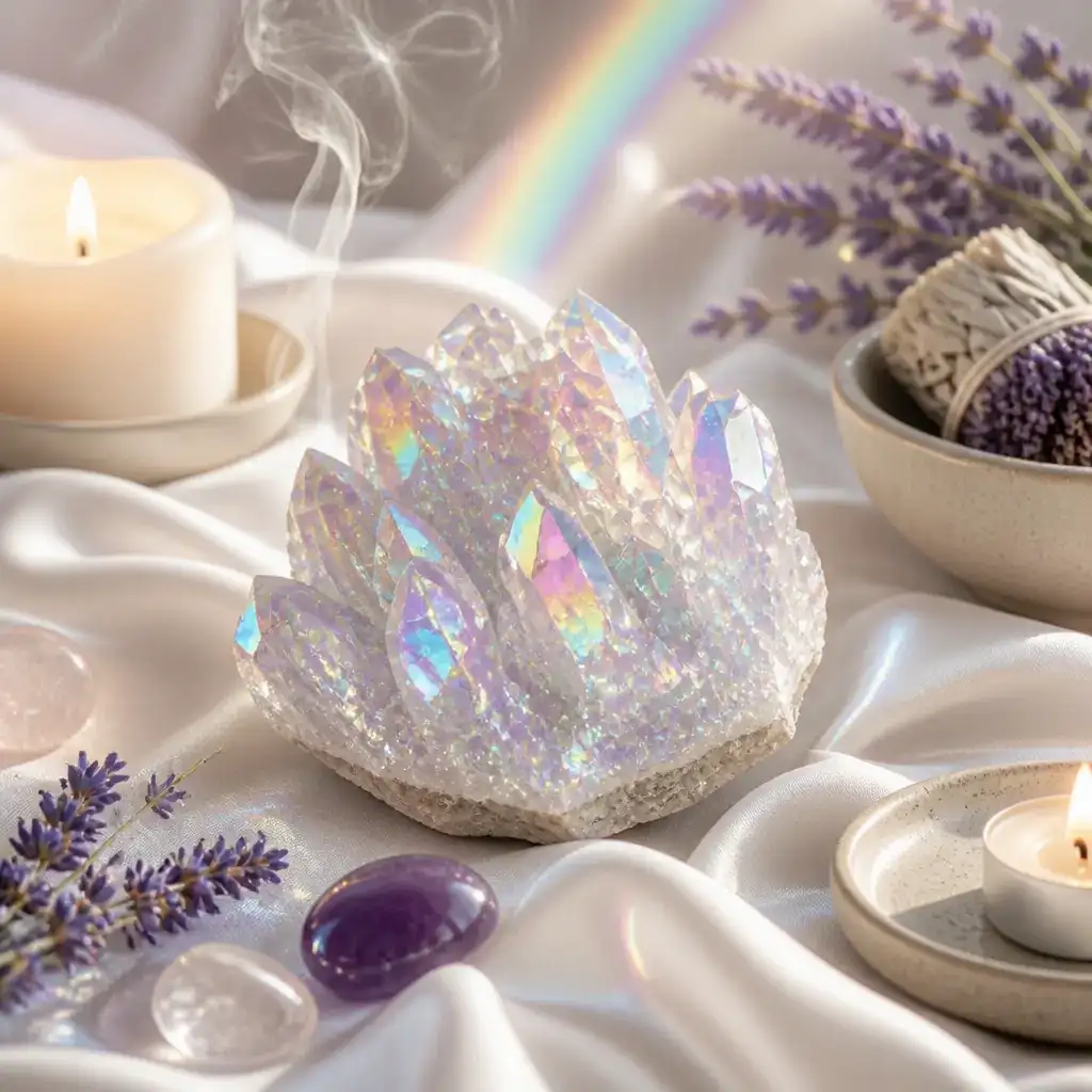 Angel Aura Quartz crystal in a spiritual healing meditation scene with candles and calm serene atmosphere