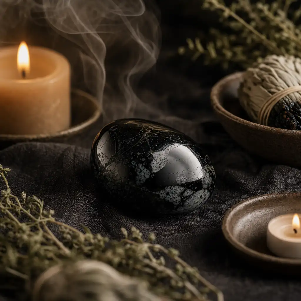 Apache Tear crystal in a spiritual healing meditation scene with candles and calm serene atmosphere