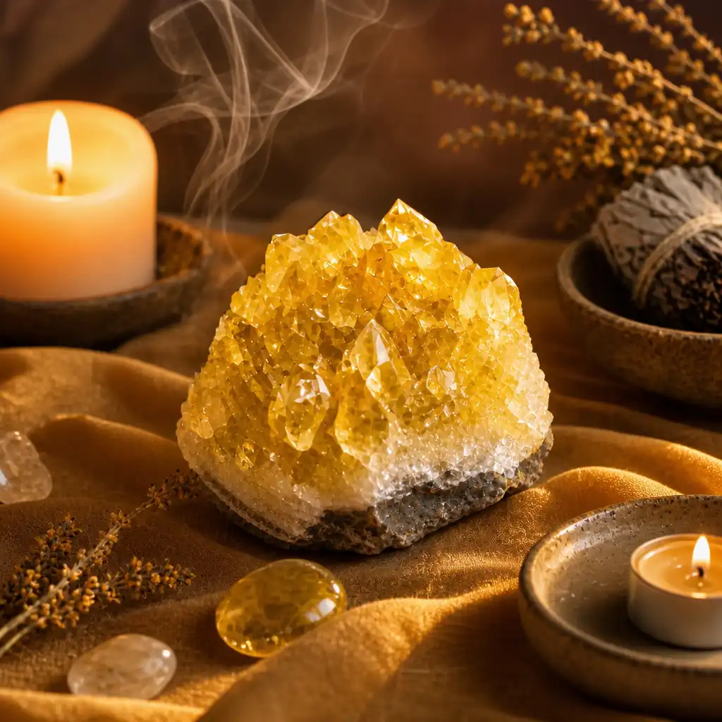 Yellow Apatite crystal in a spiritual healing meditation scene with candles and calm serene atmosphere