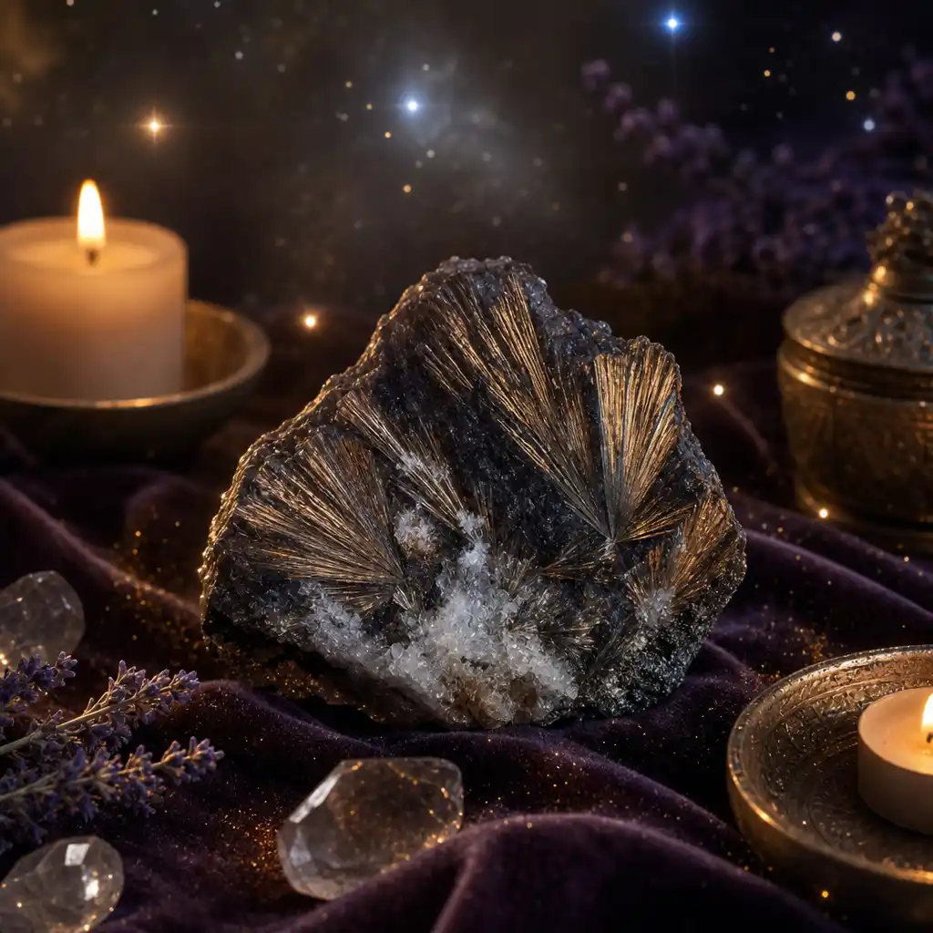 Astrophyllite crystal in a spiritual healing meditation scene with candles and calm serene atmosphere