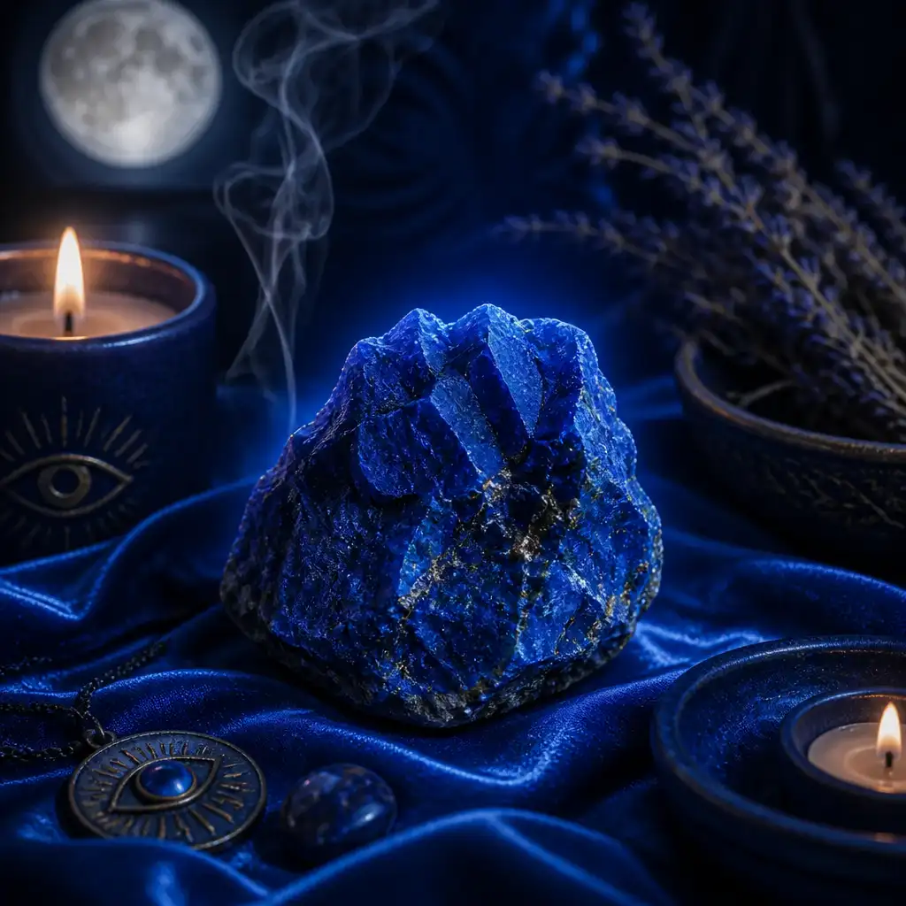 Azurite crystal in a spiritual healing meditation scene with candles and calm serene atmosphere