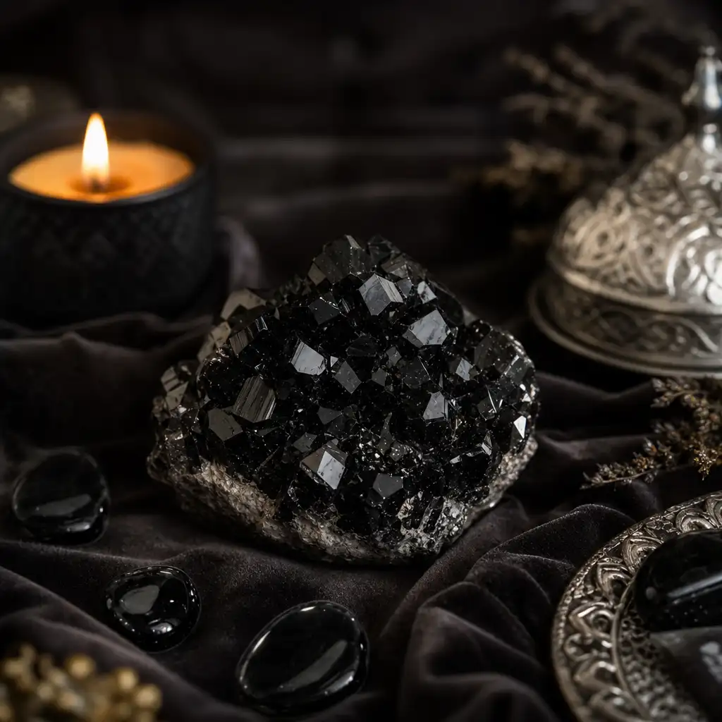 Black Spinel crystal in a spiritual healing meditation scene with candles and calm serene atmosphere