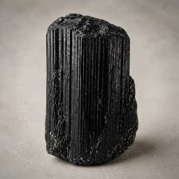 Raw black tourmaline crystal specimen showing deep black color, strong vertical striations, and natural mineral texture