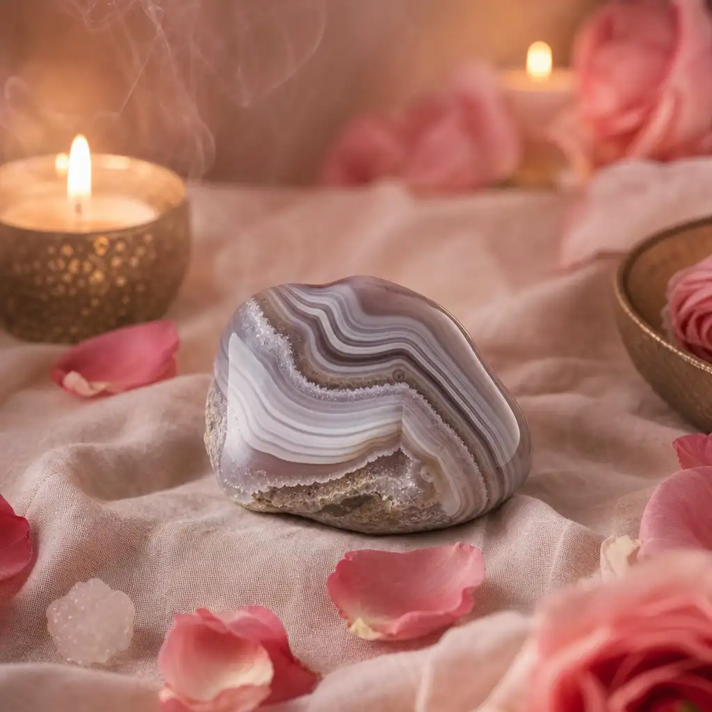 Botswana Agate crystal in a spiritual healing meditation scene with candles and calm serene atmosphere