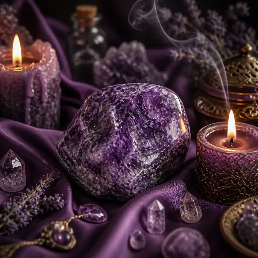 Charoite crystal in a spiritual healing meditation scene with candles and calm serene atmosphere
