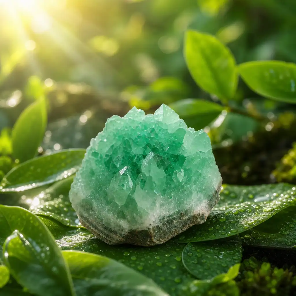 Chrysoprase crystal in a spiritual healing meditation scene with candles and calm serene atmosphere